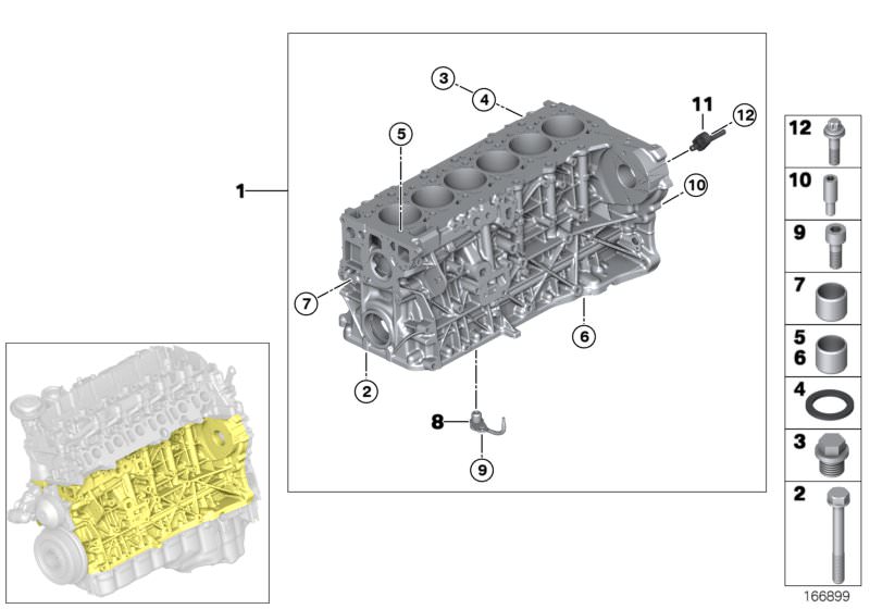 Picture board Engine block for the BMW 3 Series models  Original BMW spare parts from the electronic parts catalog (ETK) for BMW motor vehicles (car)   ASA-Bolt, Bearing bolt, Dowel, Engine block with piston, Gasket ring, ISA screw, Oil Spraying Nozzle, S