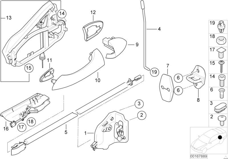 Bildtafel Schliesssystem Tür hinten für die BMW X Modelle  Original BMW Ersatzteile aus dem elektronischen Teilekatalog (ETK) für BMW Kraftfahrzeuge( Auto)    Abdeckung rechts, Abdeckung Schliesskeil, Betätigungsstange, Drehfallenschloss m. Stellantrieb l