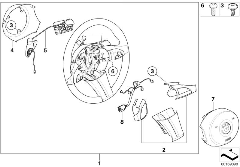 Picture board Sport st.wheel, airbag, multif./paddles for the BMW Z Series models  Original BMW spare parts from the electronic parts catalog (ETK) for BMW motor vehicles (car)   Airbag module, driver´s side, Connecting line, airbag / slip ring, Cover, st