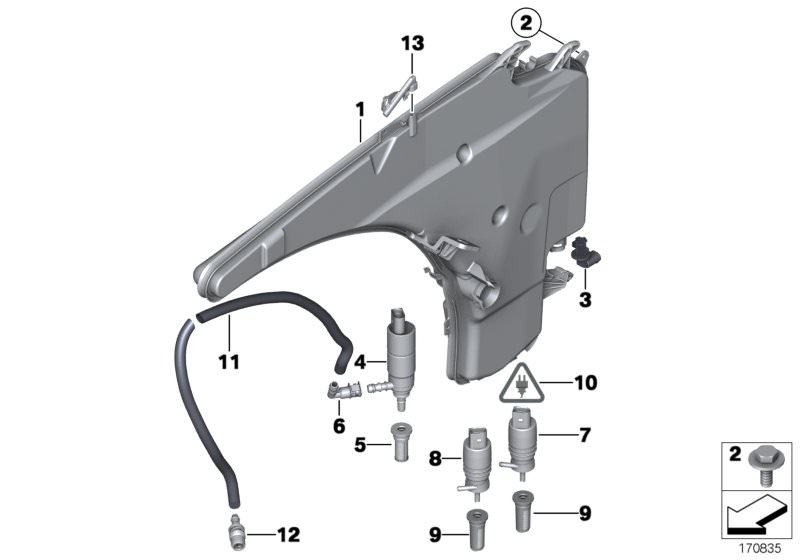 Picture board Reservoir,windscr./headlight washer sys. for the BMW X Series models  Original BMW spare parts from the electronic parts catalog (ETK) for BMW motor vehicles (car)   Connection piece, Hose line, Level switch, coolant, SELF-LOCKING HEX BOLT, 