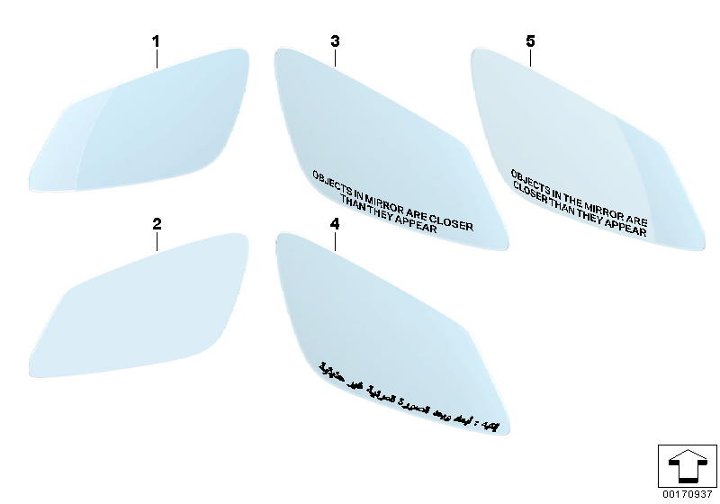 Illustration du MIRROR GLASS pour les BMW 7 Série Modèles  Pièces de rechange d'origine BMW du catalogue de pièces électroniques (ETK) pour véhicules automobiles BMW (voiture)   Mirror glass, heated, convex, right, Mirror glass, heated, plane, left, Mirro
