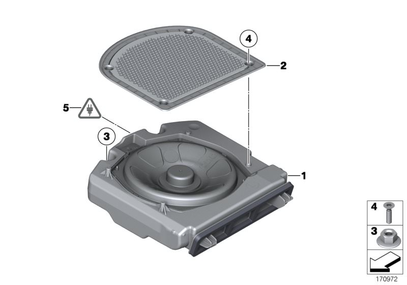 Picture board Components central bass for the BMW 7 Series models  Original BMW spare parts from the electronic parts catalog (ETK) for BMW motor vehicles (car)   Bass speaker, High End sound system, Central woofer trim, Countersunk screw, Self-locking he