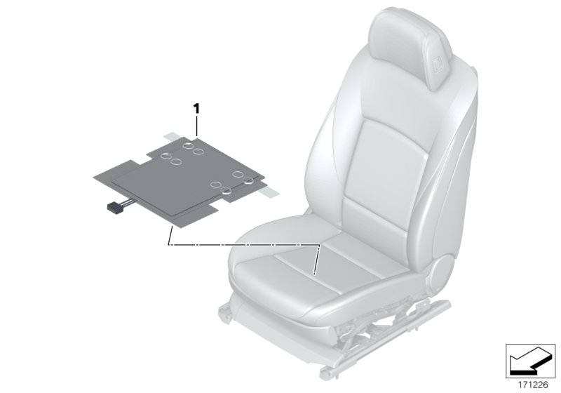 Picture board Electr.compon.seat occupancy detection for the BMW 5 Series models  Original BMW spare parts from the electronic parts catalog (ETK) for BMW motor vehicles (car)   Sensor mat co-driver´s seat identif.