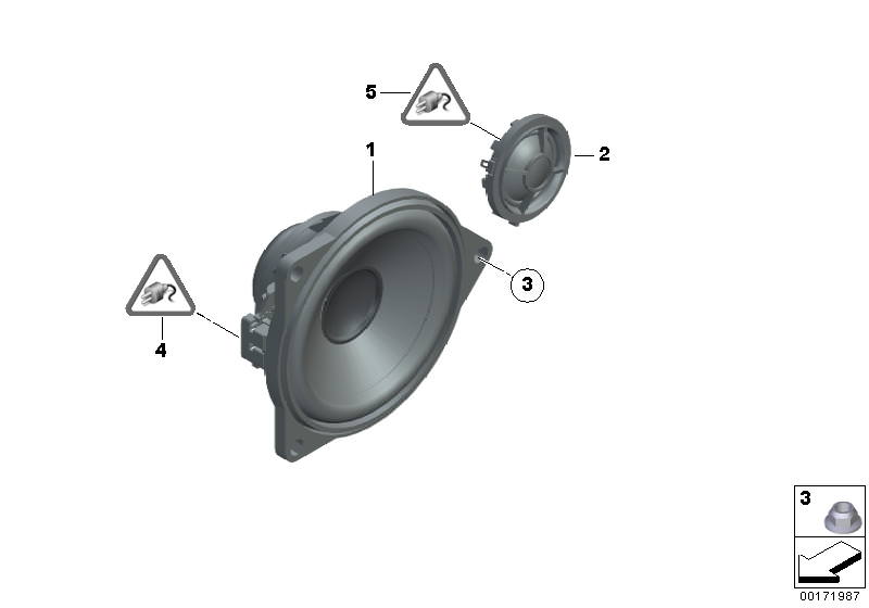 Picture board SINGLE PARTS F REAR DOOR TOP-HIFI SYST. for the BMW 7 Series models  Original BMW spare parts from the electronic parts catalog (ETK) for BMW motor vehicles (car)   Hex nut, TOP-HIFI LOUDSPEAKER TWEETER, TOP-HIFI MID-RANGE LOUDSPEAKER