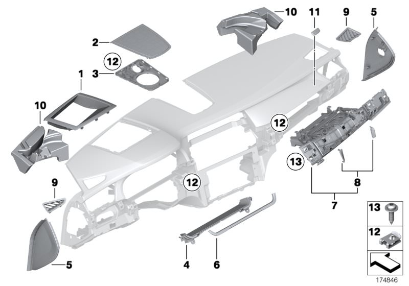 Picture board Mounting parts, instrument panel, top for the BMW 7 Series models  Original BMW spare parts from the electronic parts catalog (ETK) for BMW motor vehicles (car)   Adapter, centre speaker, C-clip plastic nut, Cover, Cover cap ´´Airbag´´, Cove