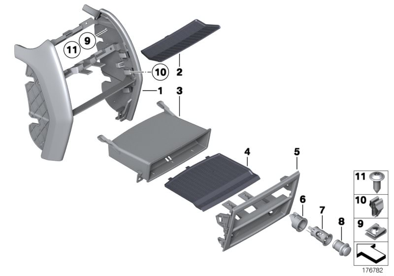 Picture board Mounting parts, centre console, rear for the BMW 7 Series models  Original BMW spare parts from the electronic parts catalog (ETK) for BMW motor vehicles (car)   Clamp, Clip for sheet metal nut, Cover centre console, rear, Fillister head sel