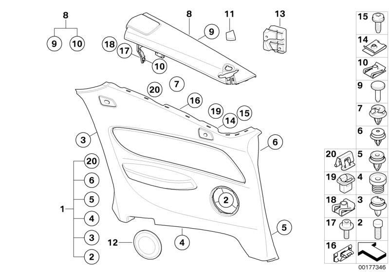 Picture board Lateral trim panel rear for the BMW 1 Series models  Original BMW spare parts from the electronic parts catalog (ETK) for BMW motor vehicles (car)   Body nut, Capping, side trim panel, rear right, Clamp, Clip, Clip blue, Clip Natur, Clip wit