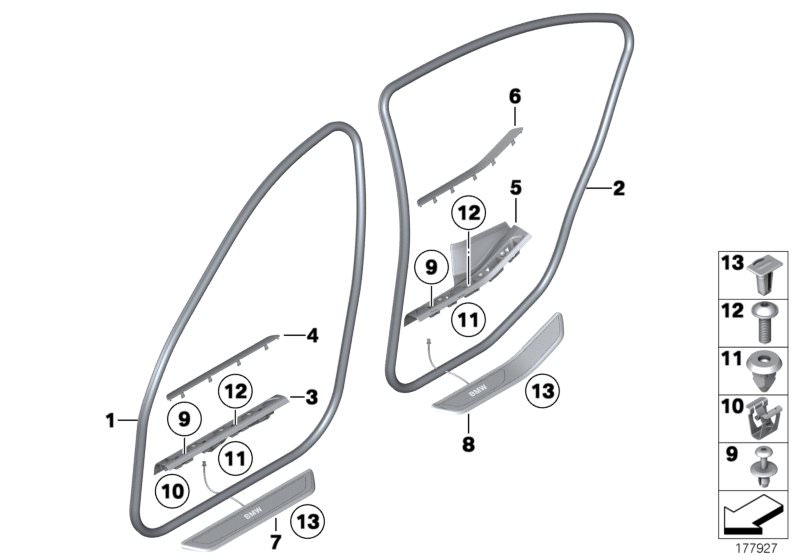 Picture board Mucket / trim, entrance for the BMW 7 Series models  Original BMW spare parts from the electronic parts catalog (ETK) for BMW motor vehicles (car)   Clip Natur, Cover strip, entrance, inner front left, Cover strip, entrance, inner rear left,