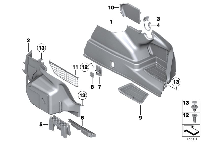 Picture board LATERAL TRUNK FLOOR TRIM PANEL for the BMW 7 Series models  Original BMW spare parts from the electronic parts catalog (ETK) for BMW motor vehicles (car)   Countersunk screw, Cover right, Cover, power distribution box, Cover, right trunk tri
