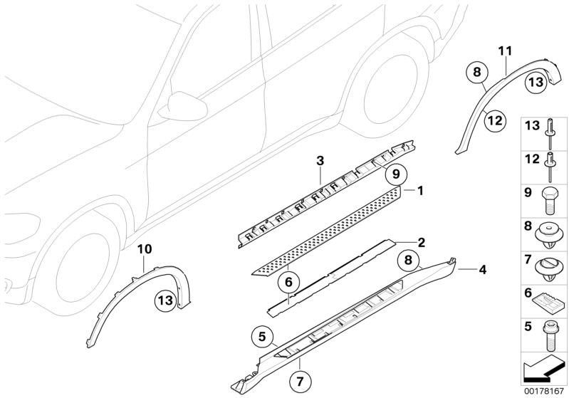 Picture board Trim, sill / wheel arch footboard for the BMW X Series models  Original BMW spare parts from the electronic parts catalog (ETK) for BMW motor vehicles (car)   Blind rivet, Clip, Cover, wheel arch, front left, Cover, wheel arch, rear right, E