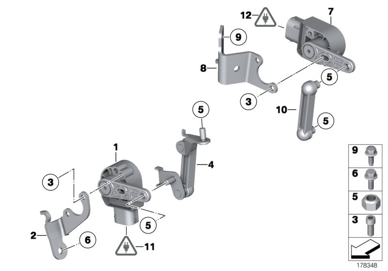 Bildtafel Sensor Leuchtweitenregulierung für die BMW 7er Modelle  Original BMW Ersatzteile aus dem elektronischen Teilekatalog (ETK) für BMW Kraftfahrzeuge( Auto)    Buchsengehäuse, Halter Höhenstandssensor rechts, Höhenstandssensor, Regelstange, Regelsta