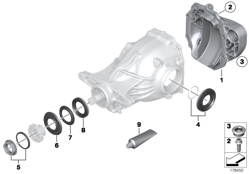 Picture board Rear-axle-drive parts for the BMW 5 Series models  Original BMW spare parts from the electronic parts catalog (ETK) for BMW motor vehicles (car)   Cover, rear, Dustcover plate, dustcover plate, small, Flanged cap screw, GASKET SET DIFFERENTI