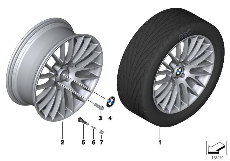 Picture board BMW LA wheel, cross spoke 312 for the BMW 5 Series models  Original BMW spare parts from the electronic parts catalog (ETK) for BMW motor vehicles (car)   Hub cap with chrome edge, Light alloy rim Ferricgrey, Rubber valve, Valve, Valve caps 