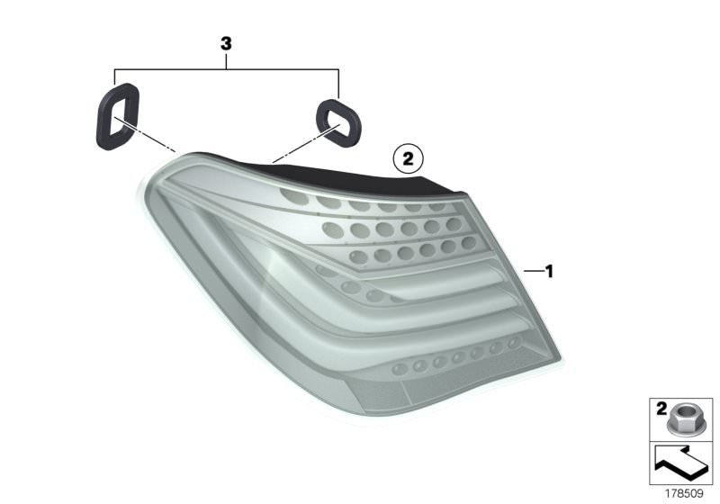 Picture board Rear light in the side panel for the BMW 7 Series models  Original BMW spare parts from the electronic parts catalog (ETK) for BMW motor vehicles (car)   Hex nut with plate, Rear light in the side panel, left, Seals, rear light, side panel