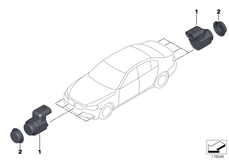 Bildtafel Ultraschallwandler für die BMW 3er Modelle  Original BMW Ersatzteile aus dem elektronischen Teilekatalog (ETK) für BMW Kraftfahrzeuge( Auto)    Entkopplungsring PDC Wandler, Ultraschallwandler