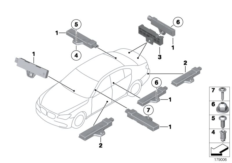 Picture board Single parts, aerial, comfort access for the BMW 5 Series models  Original BMW spare parts from the electronic parts catalog (ETK) for BMW motor vehicles (car)   Cap nut, External aerial, Comfort Access, Fillister head screw, Holder, aerial,