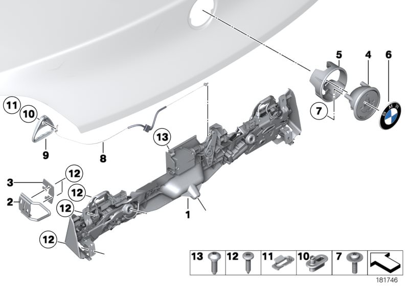 Picture board TRUNK LID/CLOSING SYSTEM for the BMW Z Series models  Original BMW spare parts from the electronic parts catalog (ETK) for BMW motor vehicles (car)   Base, Bowden cable, emergency unlocking, Catch bracket right, Clip, Emblem button, Filliste