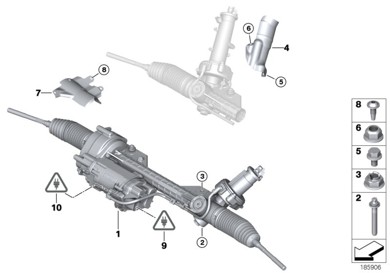 Picture board Steering gear, electric (EPS) for the BMW Z Series models  Original BMW spare parts from the electronic parts catalog (ETK) for BMW motor vehicles (car)   ASA-Bolt, EXCH-steering box, electr., Fillister head screw with collar, Hexagon nut wi