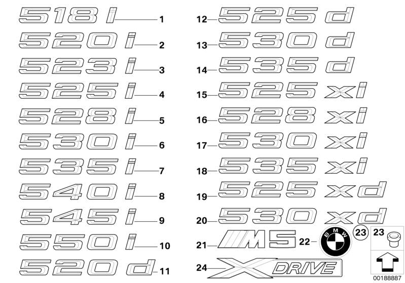 Picture board Emblems / letterings for the BMW 5 Series models  Original BMW spare parts from the electronic parts catalog (ETK) for BMW motor vehicles (car)   Grommet, Lettering, Lettering, right, Plaque