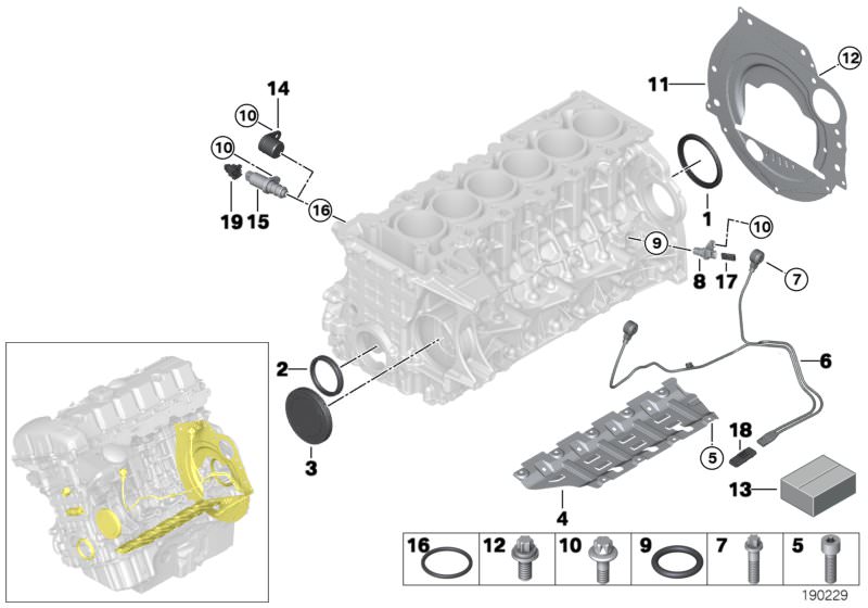 Picture board Engine block mounting parts for the BMW 7 Series models  Original BMW spare parts from the electronic parts catalog (ETK) for BMW motor vehicles (car)   Blind plug, Cover lid, Covering plate, Gasket Set Engine Block Asbesto Free, Hydraulic v