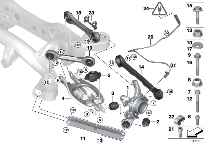 Picture board REAR AXLE SUPPORT/WHEEL SUSPENSION for the BMW 1 Series models  Original BMW spare parts from the electronic parts catalog (ETK) for BMW motor vehicles (car)   Ball joint, Cable clip, ECCENTRIC BOLT, Eccentric flat washer, Hex screw with col