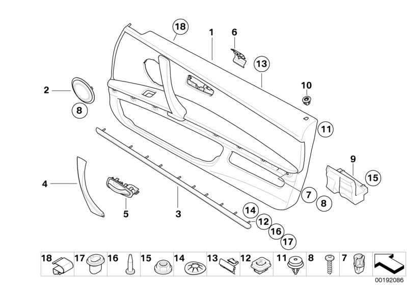 Picture board Door trim panel for the BMW 3 Series models  Original BMW spare parts from the electronic parts catalog (ETK) for BMW motor vehicles (car)   Circlip, Clamp, Clasp, inside door handle, right, Clip, red, Combination nut, COVER F RIGHT LOUDSPEA