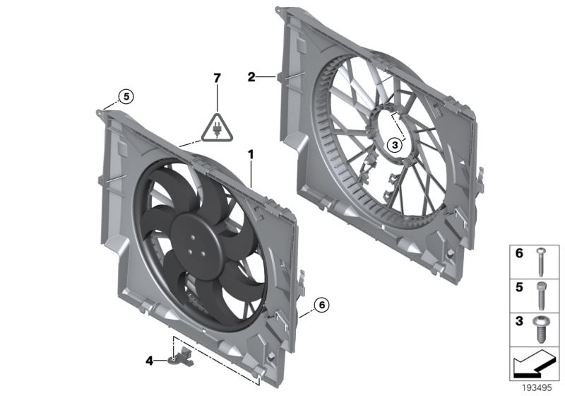 Picture board Fan housing, mounting parts for the BMW 3 Series models  Original BMW spare parts from the electronic parts catalog (ETK) for BMW motor vehicles (car)   BRACKET FRAME, Fan housing with fan, Fan shroud, Screw, Screw, self tapping, Universal s
