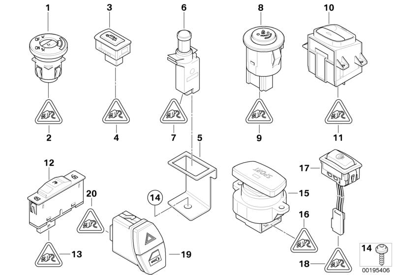 Picture board Various switches for the BMW 3 Series models  Original BMW spare parts from the electronic parts catalog (ETK) for BMW motor vehicles (car)   Bracket for DWA switch, Convertible-top switch, Hotel position switch, Repair kit, socket housing, 