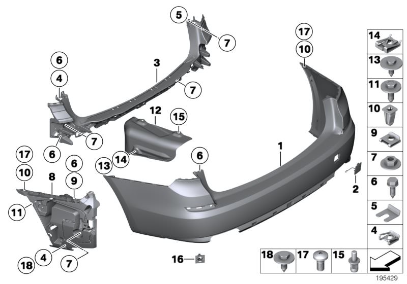 Picture board Trim panel, rear for the BMW 5 Series models  Original BMW spare parts from the electronic parts catalog (ETK) for BMW motor vehicles (car)   Body nut, C-clip nut, C-clip nut, self-locking, Cover, towing eye, rear, primed, Expanding nut, Fil