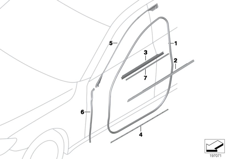 Picture board Trims and seals, door, front for the BMW 7 Series models  Original BMW spare parts from the electronic parts catalog (ETK) for BMW motor vehicles (car)   Channel cover,exterior,door, front left, Door weatherstrip, front, Gasket, door joint, 