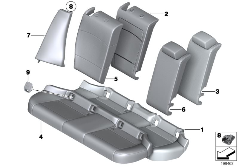 Picture board Seat, rear, cushion, & cover, basic seat for the BMW X Series models  Original BMW spare parts from the electronic parts catalog (ETK) for BMW motor vehicles (car)   Clip, Cover backrest, leather, left, Cover isofix, Cover,backrest,leatheret