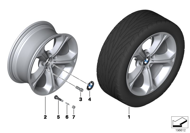 Picture board BMW LA wheel star spoke 320 for the BMW X Series models  Original BMW spare parts from the electronic parts catalog (ETK) for BMW motor vehicles (car)   Hub cap with chrome edge, Light alloy rim, Part not available separately, Screw-in valve