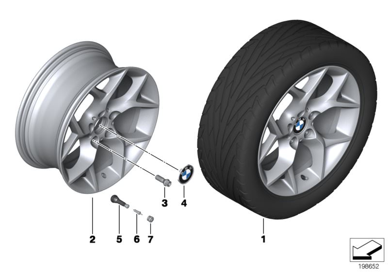Picture board BMW LA wheel Y spoke 322 for the BMW X Series models  Original BMW spare parts from the electronic parts catalog (ETK) for BMW motor vehicles (car)   Hub cap with chrome edge, Light alloy rim, Screw-in valve, RDC, Valve, Valve caps RDC, Whee