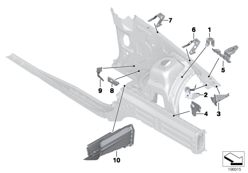 Picture board FRONT BODY BRACKET LEFT for the BMW X Series models  Original BMW spare parts from the electronic parts catalog (ETK) for BMW motor vehicles (car)   Bracket for intake silencer, left, Bracket, intake silencer top left, Connector Engine suppo
