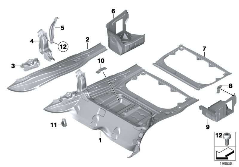 Picture board Mounting parts for trunk floor panel for the BMW X Series models  Original BMW spare parts from the electronic parts catalog (ETK) for BMW motor vehicles (car)   AUDIO UNIVERSAL BRACKET, Bracket for centre tension strut, Bracket for componen