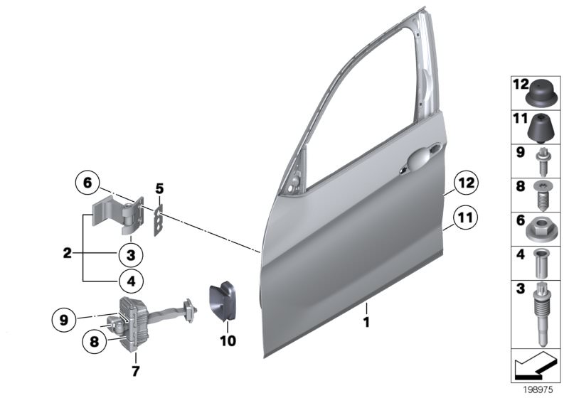 Picture board FRONT DOOR-HINGE/DOOR BRAKE for the BMW X Series models  Original BMW spare parts from the electronic parts catalog (ETK) for BMW motor vehicles (car)   Damper, Door brake, front right, Door hinge, front top right/bottom left, Door, front, r