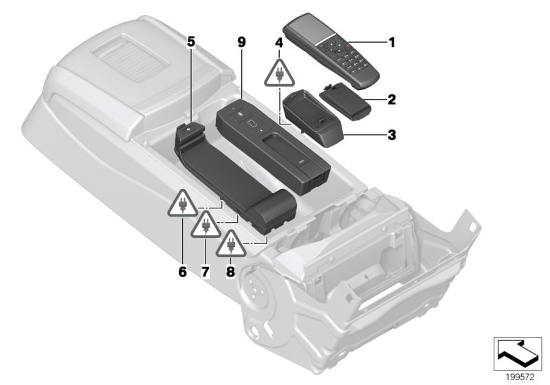 Picture board Sep.components for rear comp.telephone for the BMW 7 Series models  Original BMW spare parts from the electronic parts catalog (ETK) for BMW motor vehicles (car)   Base plate, Battery cover with battery, Charging tray, Bluetooth handset, Han