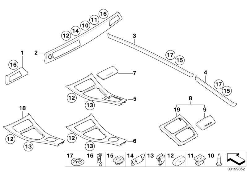 Picture board Interior strips, high-gloss, grey for the BMW 3 Series models  Original BMW spare parts from the electronic parts catalog (ETK) for BMW motor vehicles (car)   Circlip, Clamp, Clip, outer decor strip, Cover, Cover centre console, Cover centre