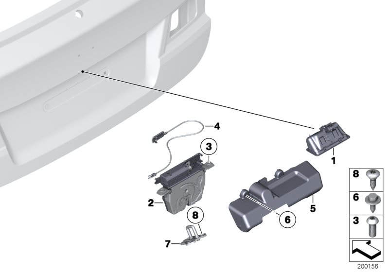 Picture board TRUNK LID/CLOSING SYSTEM for the BMW X Series models  Original BMW spare parts from the electronic parts catalog (ETK) for BMW motor vehicles (car)   Boot lid/tailgate push-button, Cover, trunk lid lock, Emergency release, Fillister head scr