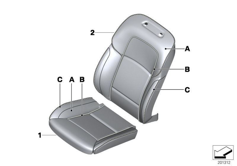 Picture board Individual cover, leather comfort seat for the BMW 5 Series models  Original BMW spare parts from the electronic parts catalog (ETK) for BMW motor vehicles (car)   Cover for comfort backrest,leather left, Cover for comfort seat, leather