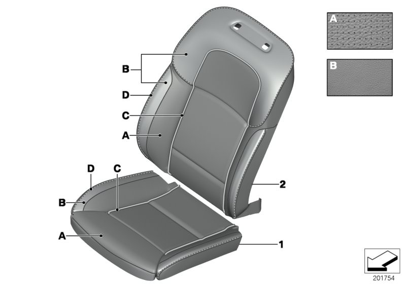 Picture board Individual cover,Klima-Leather comf.seat for the BMW 5 Series models  Original BMW spare parts from the electronic parts catalog (ETK) for BMW motor vehicles (car)   Cover, comfort backr., A/C leather,right, Cover, comfort seat, A/C leather
