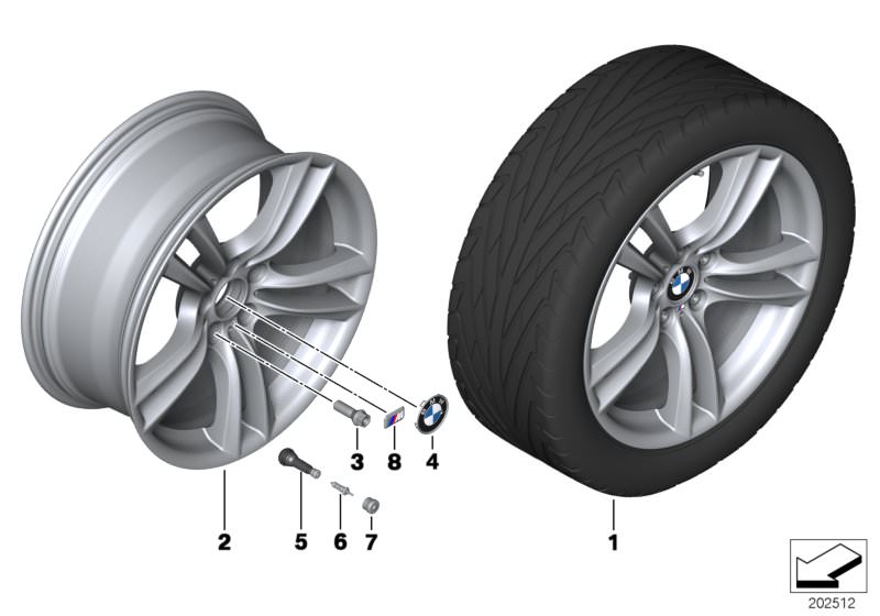 Picture board BMW LA wheel M double spoke 303 - 20´´ for the BMW 5 Series models  Original BMW spare parts from the electronic parts catalog (ETK) for BMW motor vehicles (car)   Hub cap with chrome edge, Light alloy rim, M badge, Rubber valve, Valve, Valv
