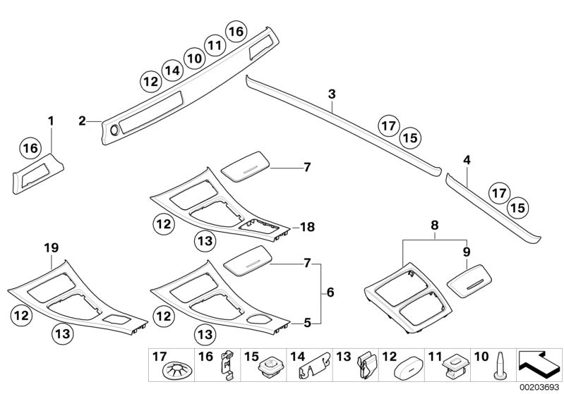 Picture board Alum. interior strips ground lengthwise for the BMW 3 Series models  Original BMW spare parts from the electronic parts catalog (ETK) for BMW motor vehicles (car)   Circlip, Clamp, Clip, outer decor strip, Cover, Cover centre console, Cover,