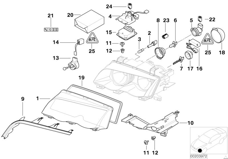 Picture board Single parts, xenon headlight for the BMW 3 Series models  Original BMW spare parts from the electronic parts catalog (ETK) for BMW motor vehicles (car)   BRACKET HEADLIGHT LEFT, Bracket,control unit, Xenon light left, Bulb holder, full beam