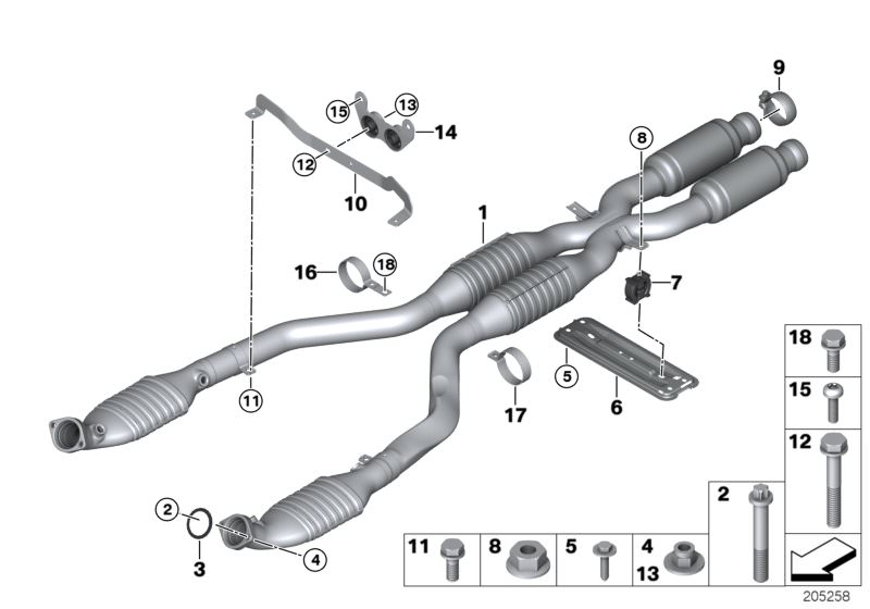 Picture board Catalytic converter/front silencer for the BMW 3 Series models  Original BMW spare parts from the electronic parts catalog (ETK) for BMW motor vehicles (car)   Bracket, Collar nut, CONNECTING SUPPORT, Exchange catalyst with centre silencer, 