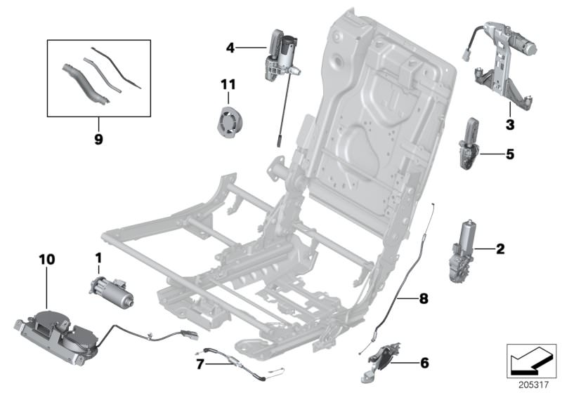 Picture board Seat, rear, drives for the BMW 5 Series models  Original BMW spare parts from the electronic parts catalog (ETK) for BMW motor vehicles (car)   ACTUATOR F UPPER BACKREST ADJUSTMENT, BOWDEN CABLE ADJUSTM.OF REST INCLINATION, BOWDEN CABLE HORI