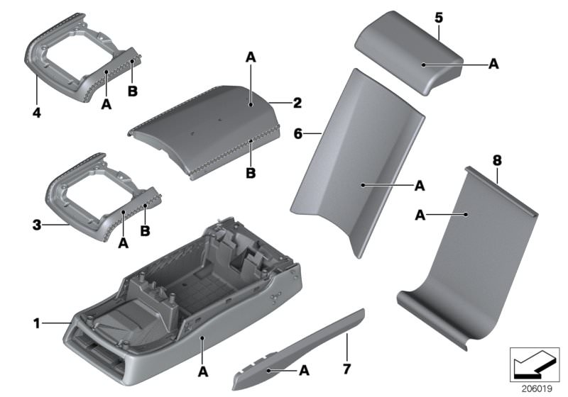 Picture board Individual armrest, multifunctional rear for the BMW 7 Series models  Original BMW spare parts from the electronic parts catalog (ETK) for BMW motor vehicles (car)   Armrest, lower section, rear middle, BACKREST UPHOLSTERY, Channel cover, Co