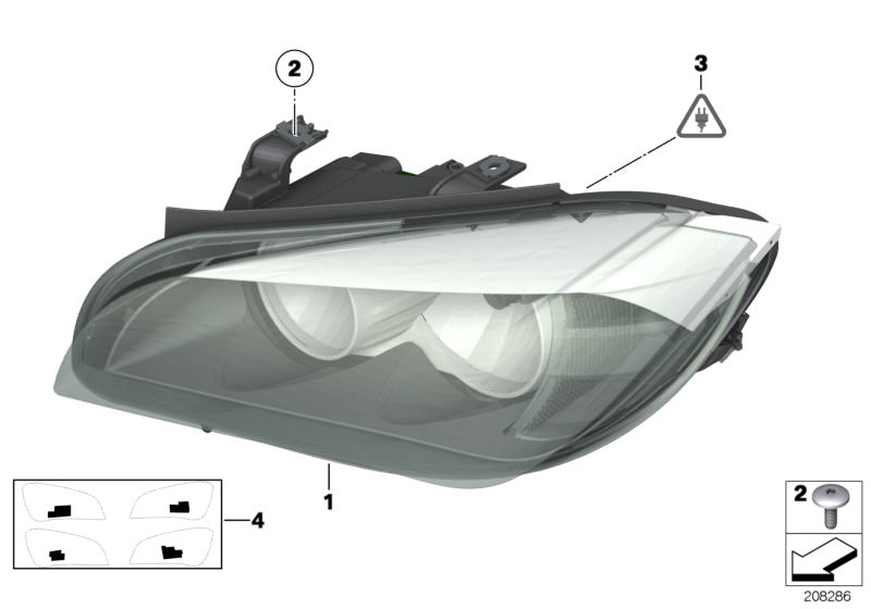 Picture board Headlight for the BMW X Series models  Original BMW spare parts from the electronic parts catalog (ETK) for BMW motor vehicles (car)   Bi-xenon headlight AKL, left, Repair kit, socket housing, Set masking foil for headlamp, Xenon, Torx bolt