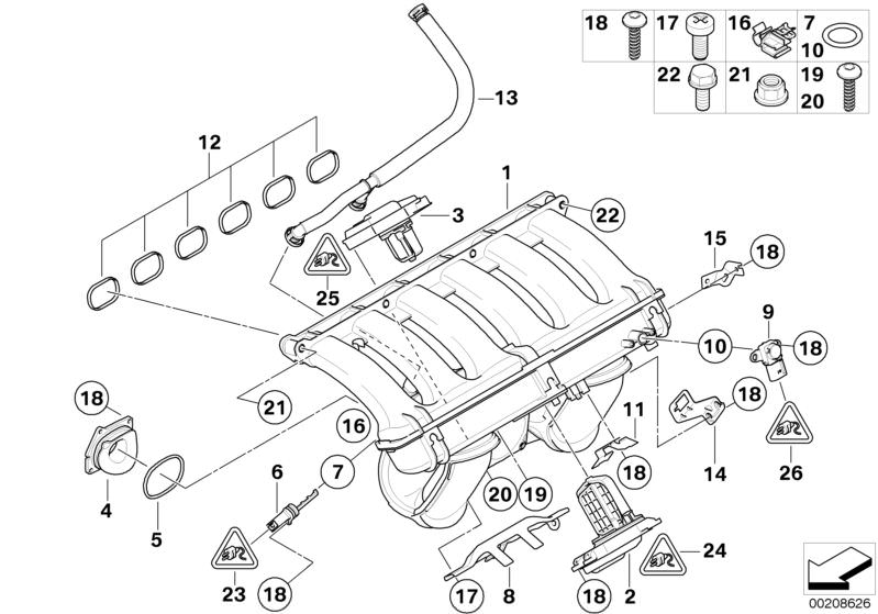 Picture board Intake manifold system for the BMW 5 Series models  Original BMW spare parts from the electronic parts catalog (ETK) for BMW motor vehicles (car)   Adjuster unit, Bracket ventilation valve, Bracket, cable harness, Differential pressure senso
