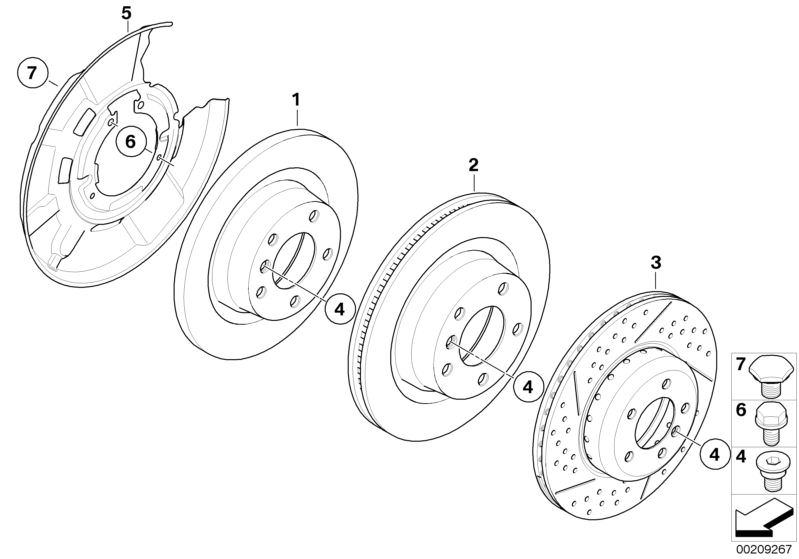 Picture board Rear wheel brake / brake disc for the BMW 1 Series models  Original BMW spare parts from the electronic parts catalog (ETK) for BMW motor vehicles (car)   Brake disc, Brake disc, ventilated, Brake disc, ventilated, w/holes, rear, Hex Bolt, H